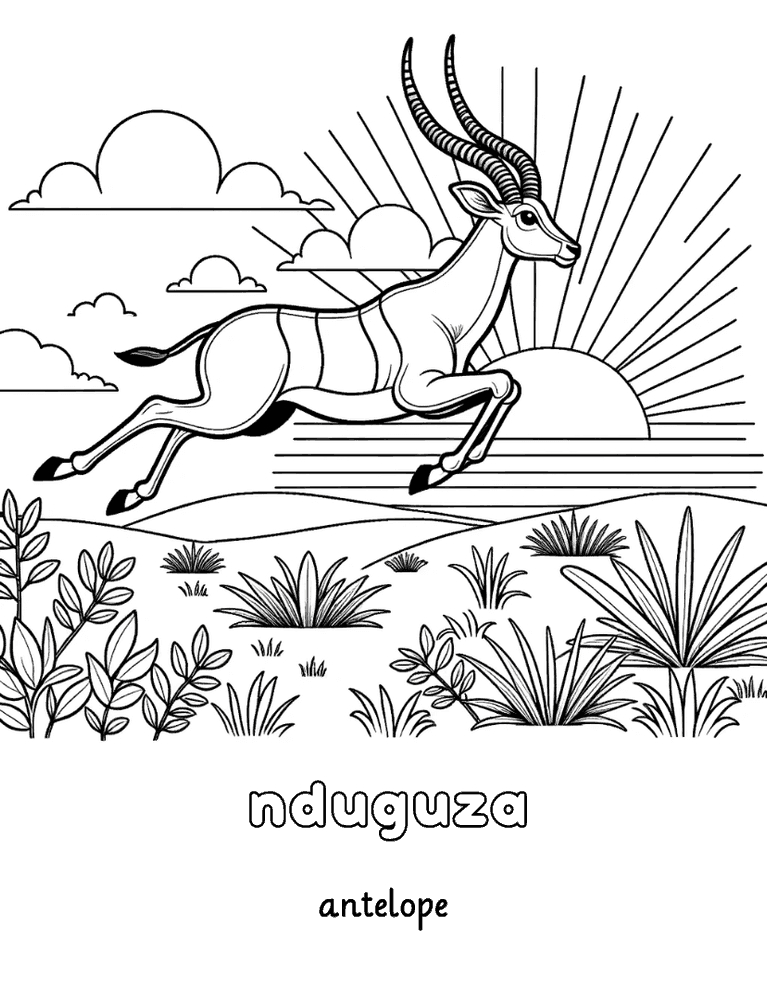 Interior page 1 of Shona - English Animals Coloring Book for Kids Ages 4-8 - Click to view on Amazon