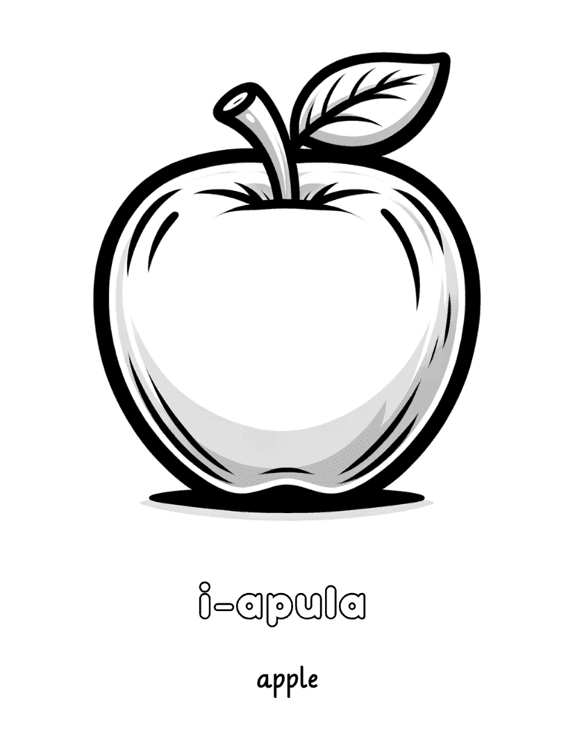 Interior page 1 of Zulu - English Fruits and Vegetables Coloring Book for Kids Ages 4-8 - Click to view on Amazon
